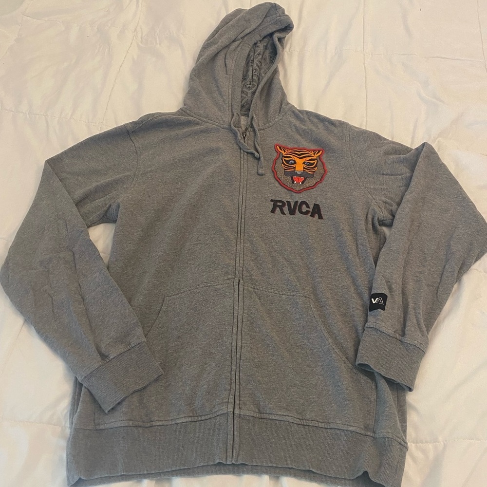 RVCA Heather Gray Zip-Up Hoodie with Tiger Emblem